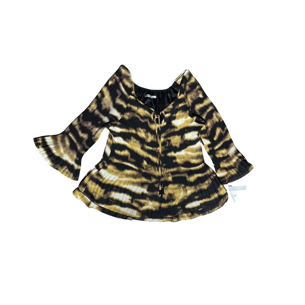 Signature by Larry Levine Woman Black Gold Pleated Bell Sleeve Blouse Size 2X